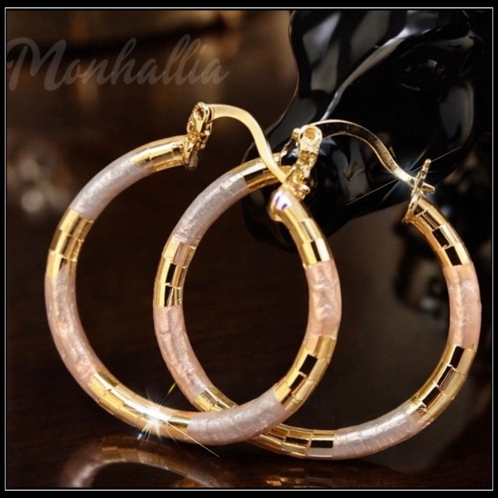 NEW GOLD SILVER & ROSE GOLD TRI COLOR FOIL HOOP TEXTURED EARRINGS